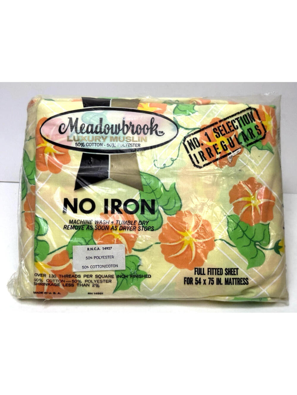 Vtg Meadowbrook Full Fitted Sheet No Iron Orange Flowers on Yellow NOS 54" x 75"